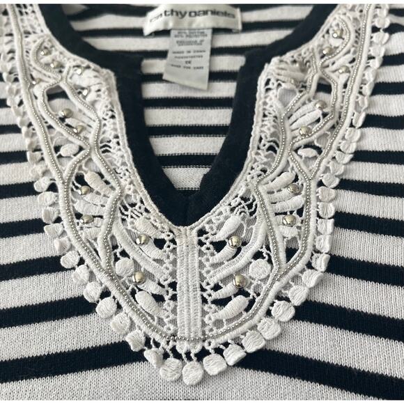 CATHY DANIELS LONG SLV PULL-OVER V-NECK TOP, WOMENS, 1X, BLACK & WHITE STRIPES - Picture 3 of 11